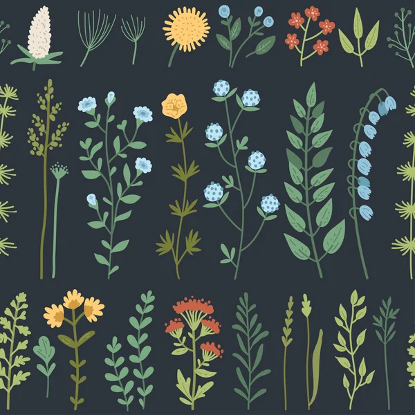 Vector seamless pattern with wild flowers and grass — Stock Vector