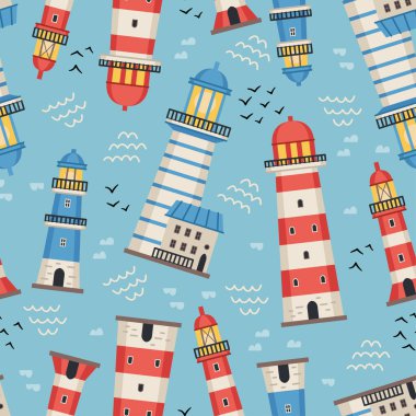 Projektörlü deniz fenerleri, deniz temalı vektör düz biçimli dikişsiz desen