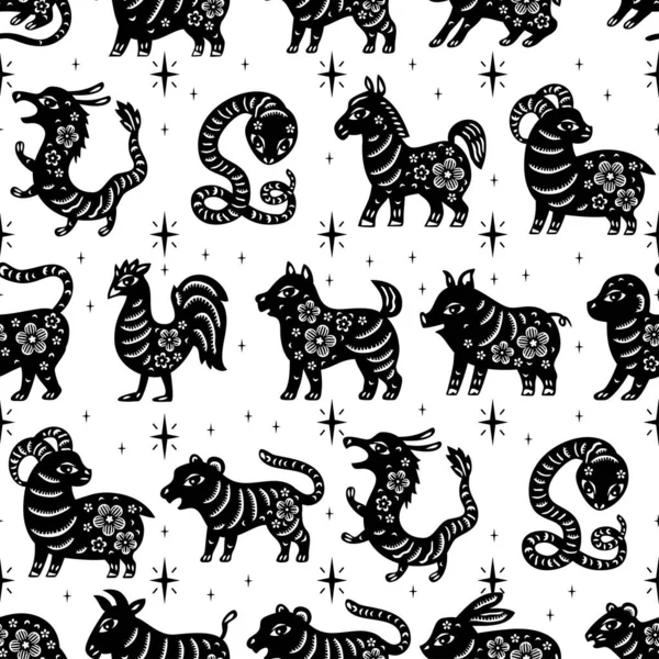 Chinese traditional Zodiac signs seamless pattern. Oriental ornament background — Vettoriale Stock