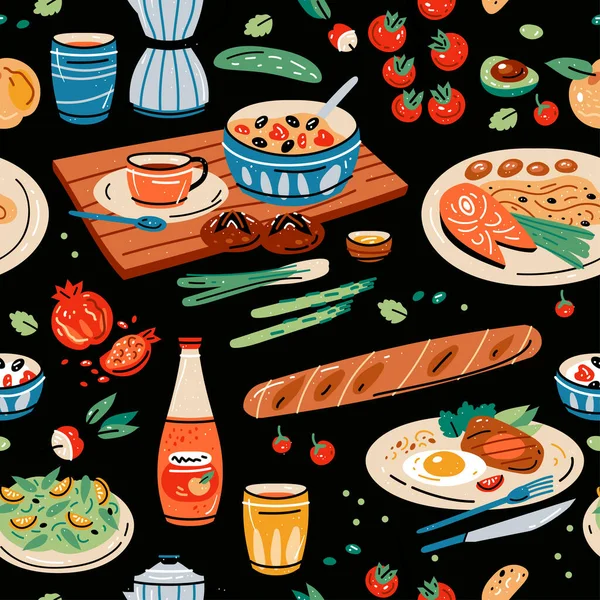 Colored vector seamless pattern of food and drink. — Vector de stock