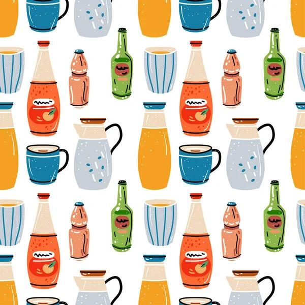 Colored seamless of food and drink. Pattern with bright colorful crockery —  Vetores de Stock