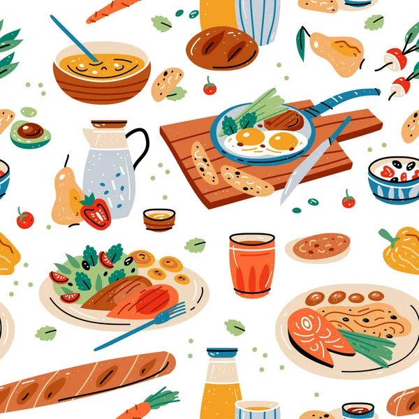 Colored vector seamless pattern of food and drink. — Vetor de Stock