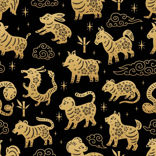 Chinese traditional Zodiac signs seamless pattern. Oriental ornament background — Vettoriale Stock