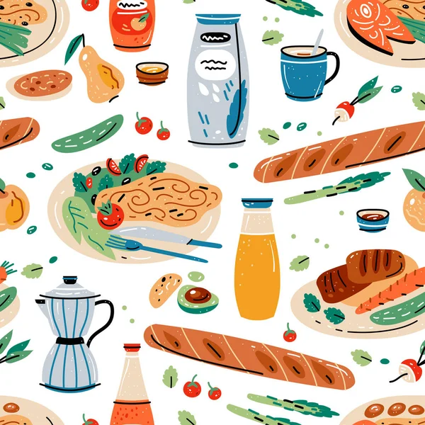 Colored vector seamless pattern of food and drink. — Vetor de Stock