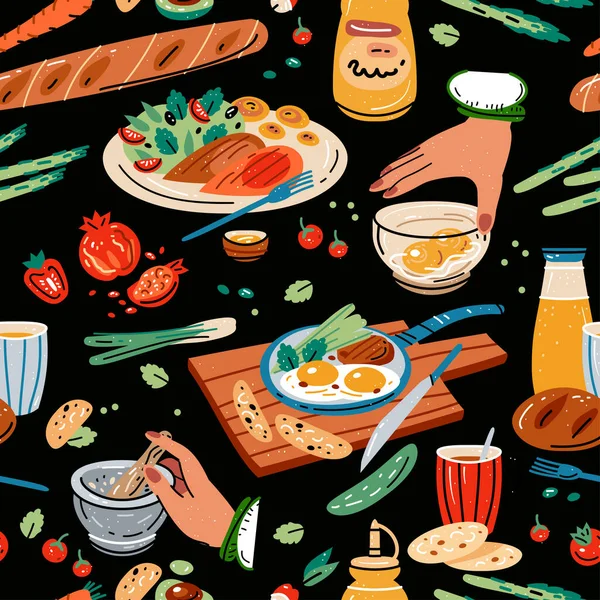Colored vector seamless pattern of food and drink. — Vector de stock