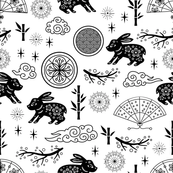 Chinese traditional Zodiac signs rabbit seamless pattern. Oriental ornament — Vettoriale Stock