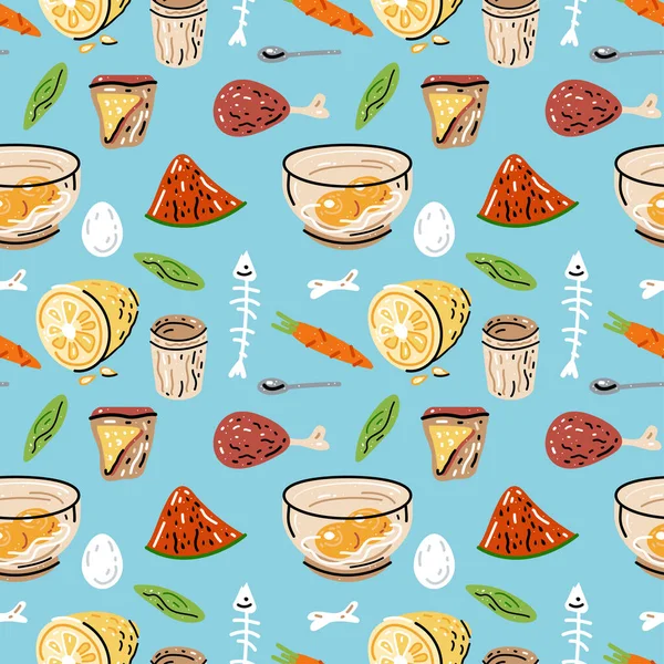 Colored seamless pattern of food and drink. Illustration for design of menu. — Vetor de Stock