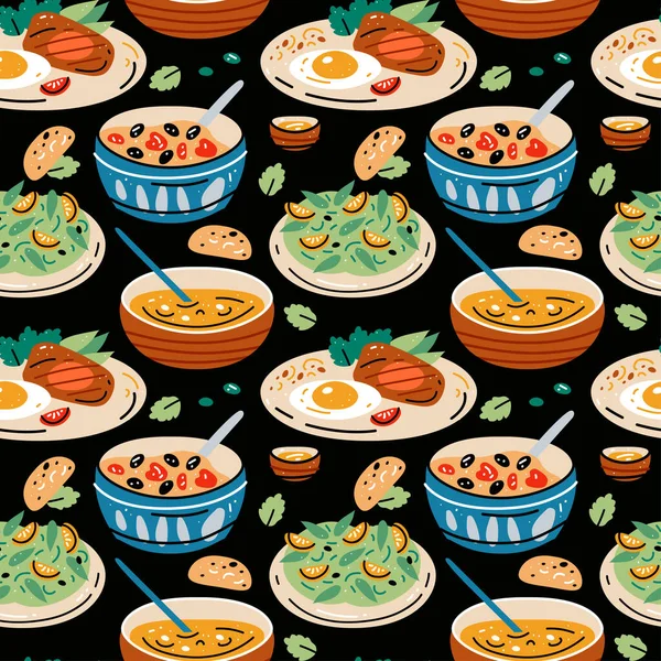 Patrón inconsútil de color de alimentos y bebidas. Ilustración vectorial — Archivo Imágenes Vectoriales
