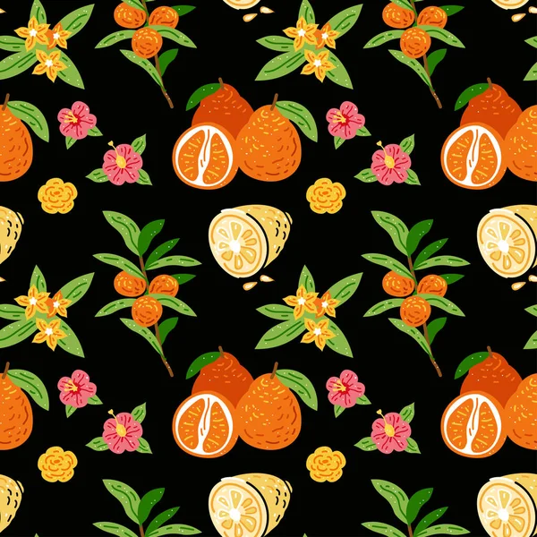 Візерунок з апельсинами фруктами та квітами. Яскравий безшовний дизайн кухні — стоковий вектор