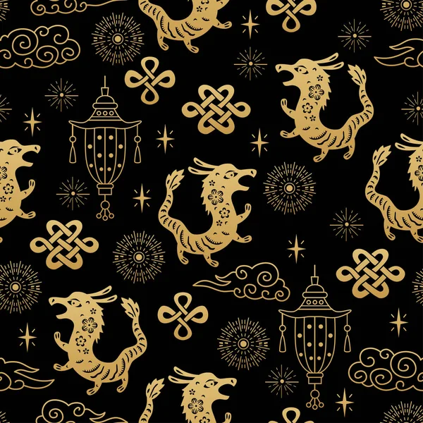 Chinese traditional Zodiac signs Dragon seamless pattern. Oriental ornament — Vettoriale Stock