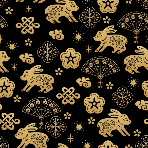 Chinese traditional Zodiac signs rabbit seamless pattern. Oriental ornament — Vettoriale Stock