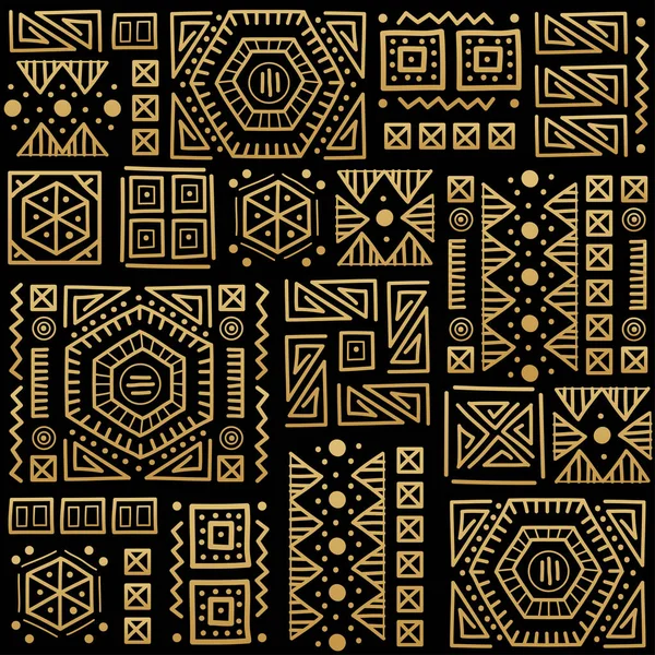 Mayan patchwork seamless pattern. Black and gold colors. — Vector de stock
