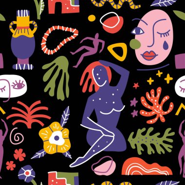 Soyut şekiller kusursuz desenler oluşturur. Düz matisse biçiminin arkaplan illüstrasyonu