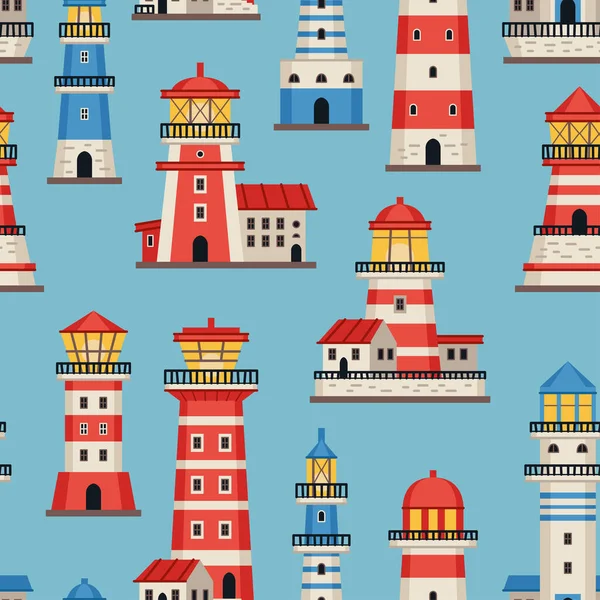 Vector flat style lighthouses with searchlight, marine theme seamless pattern — Stock Vector