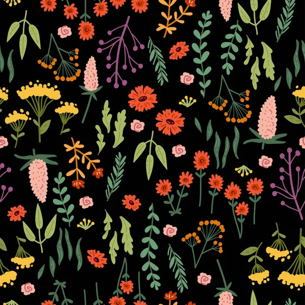 Vector seamless pattern with hand drawn wild flowers — Stock Vector