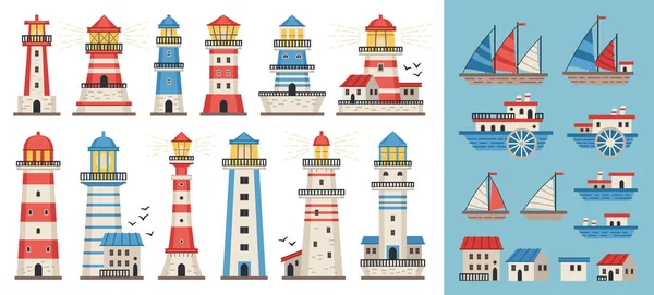 Sea lighthouse set. Sea flat style pharos or beacon collection — Stock Vector