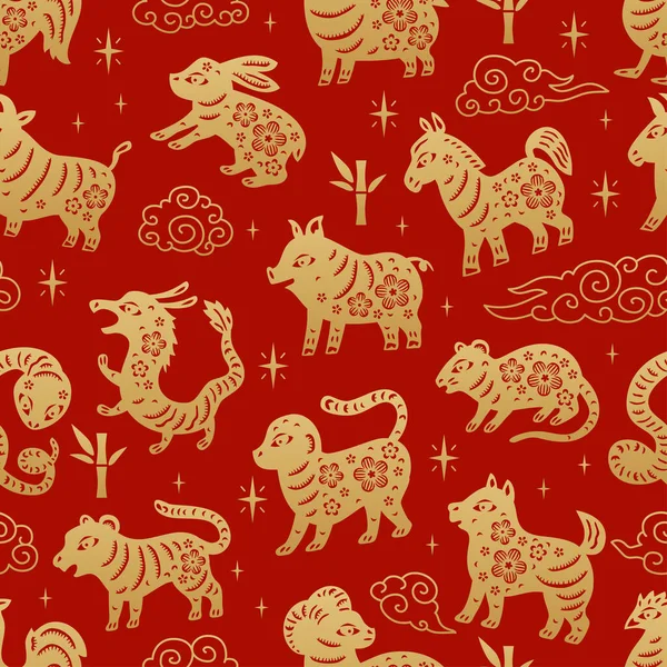 Chinese traditional Zodiac signs seamless pattern. Oriental ornament background — Stock Vector