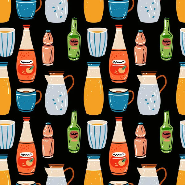 Colored seamless of food and drink. Pattern with bright colorful crockery — Archivo Imágenes Vectoriales