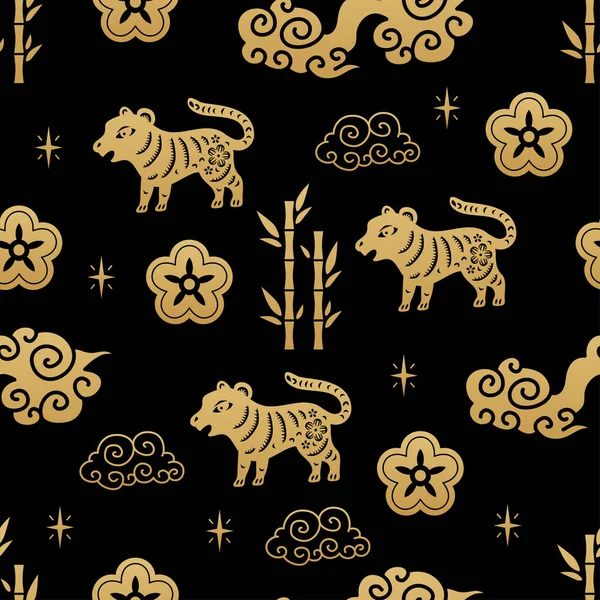 Chinese traditional Zodiac signs tiger seamless pattern. Oriental ornament — Vettoriale Stock