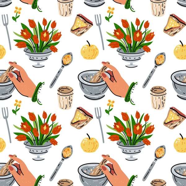 Colored seamless pattern of food and drink. For the menu — Vector de stock