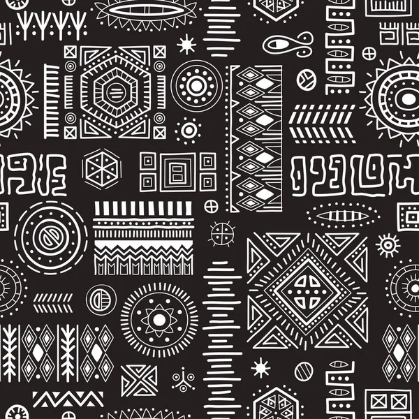 Czarno-białe bezszwowe tło Afrykańskie plemienne geometryczne kształty wzór. — Wektor stockowy