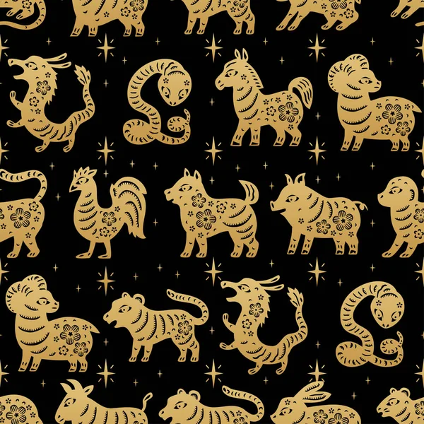 Chinese traditional Zodiac signs seamless pattern. Oriental ornament background — Vettoriale Stock