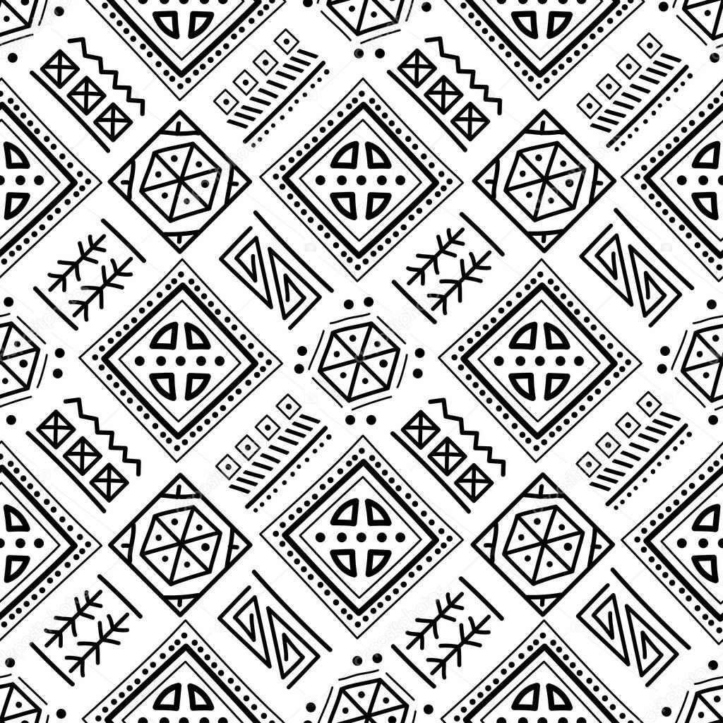 Mayan patchwork seamless pattern. Black and white colors.