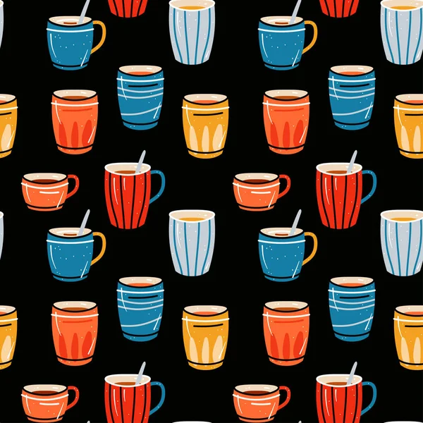 Seamless pattern with cups for tea and coffee, juices. Background with crockery — Archivo Imágenes Vectoriales