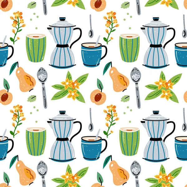 Sin costuras con tazas de té y café, jugos. Patrón coloreado de alimentos y bebidas — Archivo Imágenes Vectoriales