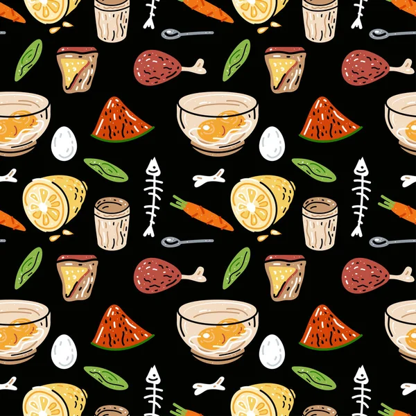 Colored seamless pattern of food and drink. Illustration for design of menu. — Vetor de Stock