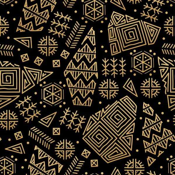 Nahtloses Muster aus Maya-Patchwork. Schwarze und goldene Farben. — Stockvektor
