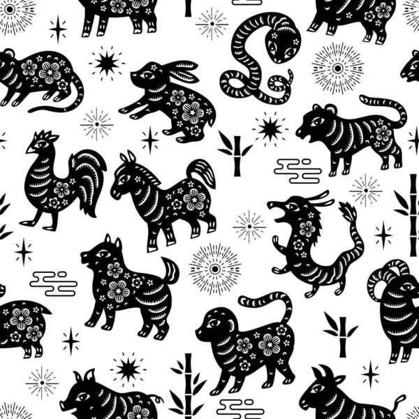 Chinese traditional Zodiac signs seamless pattern. Oriental ornament background — Vetor de Stock