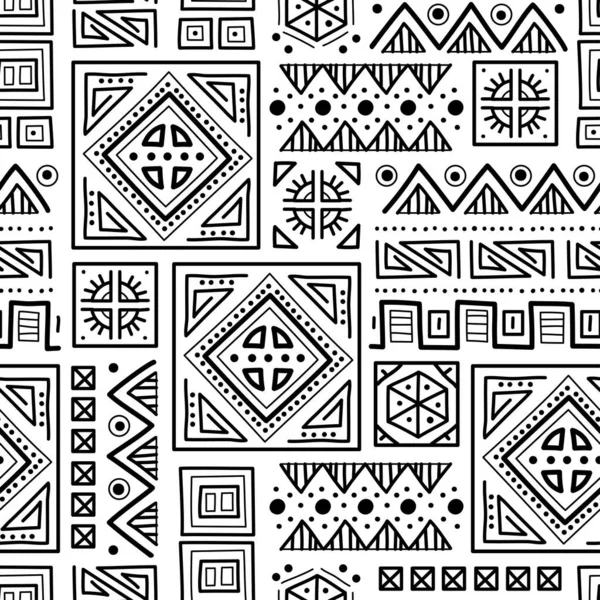 Mayan patchwork seamless pattern. Black and white colors. — Vector de stock