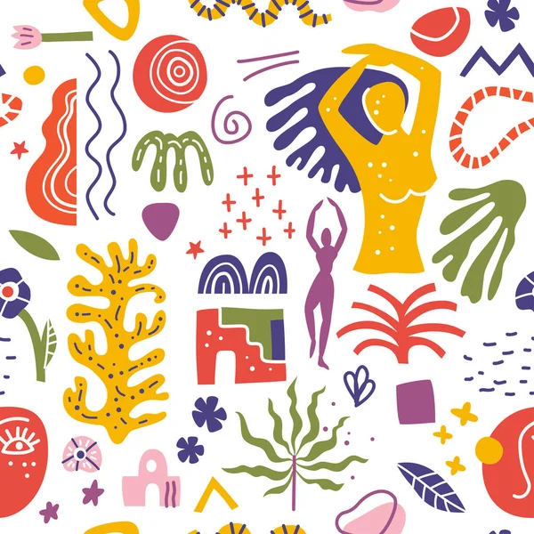 Abstracte Vormen Naadloos Patroon Achtergrond Illustratie Van Platte Matisse Stijl — Stockvector