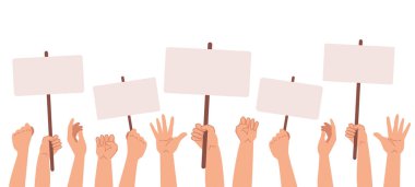 Protestocu pankartları. Vektör çizimi. El kavramının farklı afişleri vardır. Beyaz arkaplanda barış protestosu posteri ve boş oy pankartları.