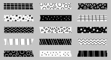 Siyah ve beyaz geometrik desenler dizisi dekoratif bant mini washi çıkartma dekorasyonu. Desenli washi bant şeritleri ve koli kağıdı koleksiyonu. Vektör illüstrasyonu