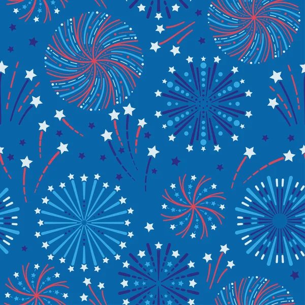 4 Temmuz. Havai fişekler ve Yıldızlar Kusursuz Şablon - Şenlikli patlayan havai fişekler ve gece gökyüzünü dolduran yıldızlar kırmızı, beyaz, mavi ve lacivert renklerle