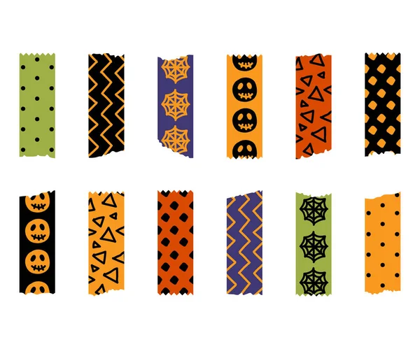 Halloween Washi Tape Strips Torn Edges Orange Green Black Patterns — Stock Vector
