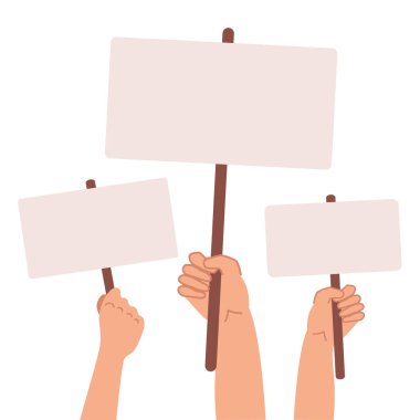 Protestocu pankartları. Vektör çizimi. El kavramının farklı afişleri vardır. Beyaz arkaplanda barış protestosu posteri ve boş oy pankartları.