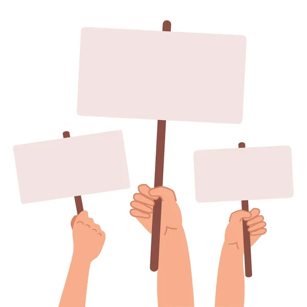 Banderas Manifestantes Ilustración Vectorial Concepto Manos Sostienen Diferentes Pancartas Cartel — Vector de stock