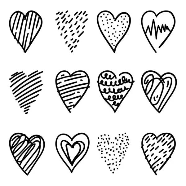 Set Icone Con Cuore Scarabocchiato Disegni Mano Libera Set Cuori — Vettoriale Stock