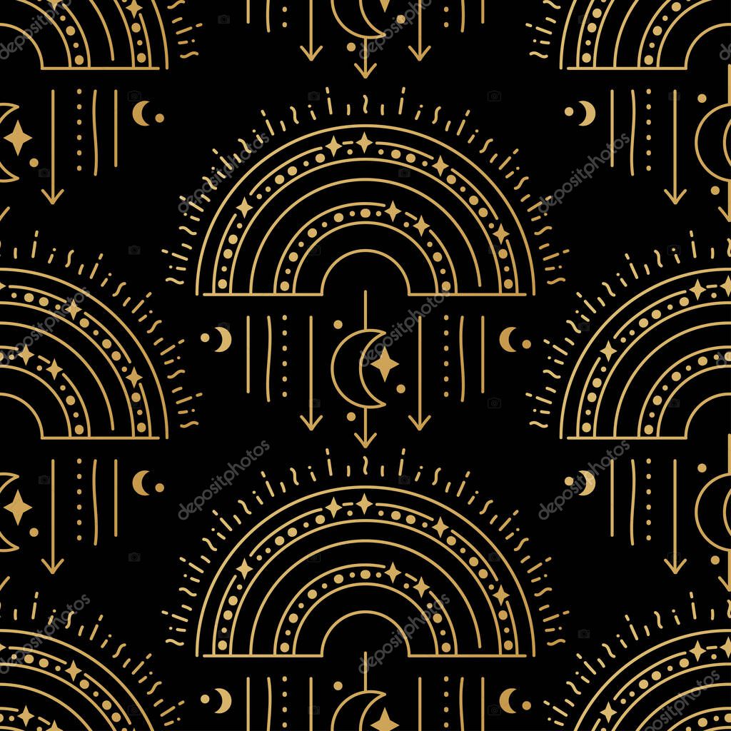 Celestial rainbow seamless mystic pattern. Boho mystical print design with moon and stars on a black background. Contemporary decor. Trendy texture for print, textile, packaging, giftware