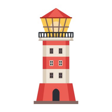 Deniz feneri simgesi beyaz vektörde izole edildi. Projektör lambasıyla izole edilmiş ikonu olan işaret kulesi. Vektör çizgili kule, navigasyon sembolü, denizci feneri..