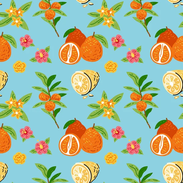 Patroon Met Sinaasappels Fruit Bloemen Heldere Naadloze Achtergrond Voor Keukendesign — Stockvector