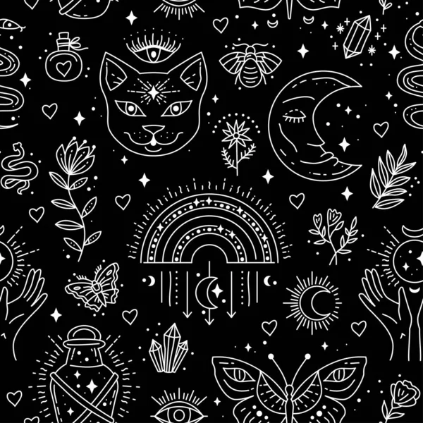 Magic Boho Symbols Seamless Pattern Backdrop Gypsy Sacred Elements Sign — Vetor de Stock