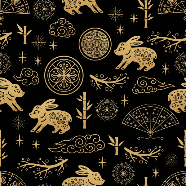 Chinese Traditional Oriental Ornament Background Zodiac Signs Rabbit Pattern Seamless — Stock Vector