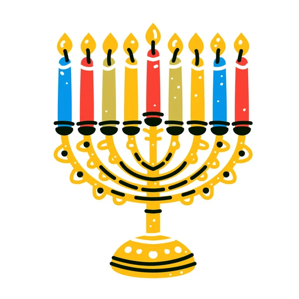 Hanukkah Menorah Candelabrum Nine Lit Candles Flat Vector Hanukka Menorah — Stock Vector