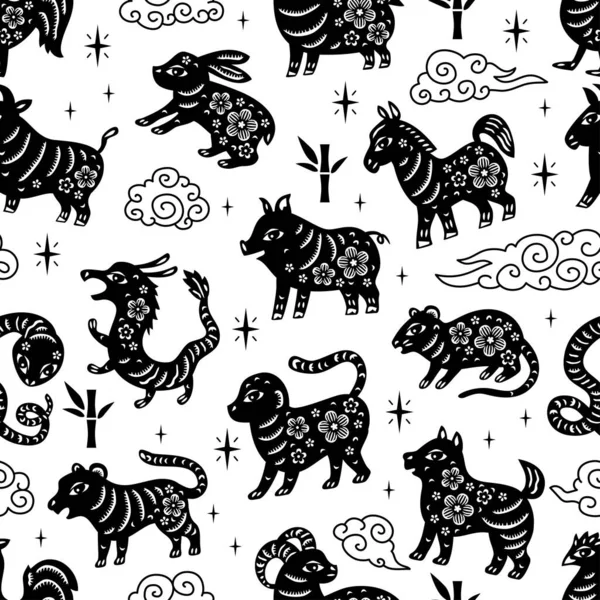 Chinese Traditional Oriental Ornament Background Zodiac Signs Pattern Seamless Japanese — Vettoriale Stock