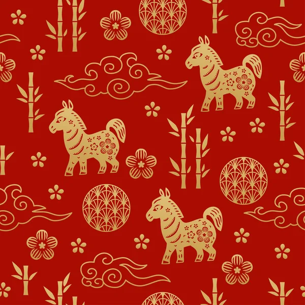 Chiński Tradycyjny Orientalne Tło Ozdoba Znak Zodiaku Konia Wzór Bezszwowy — Wektor stockowy