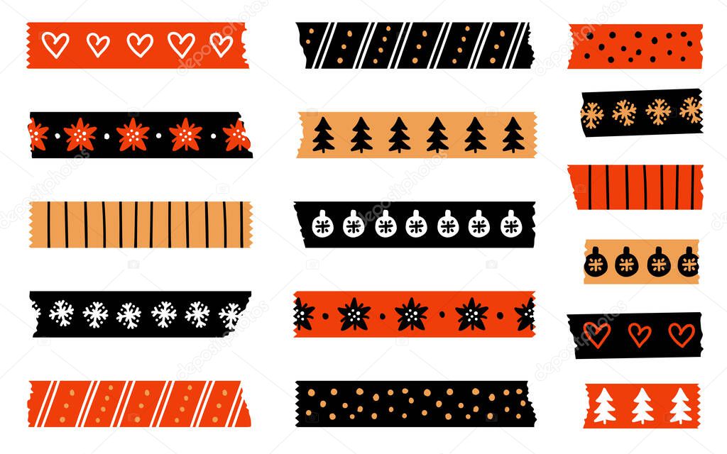 Christmas Washi tapes. Vector set with winter elements. Masking tape or adhesive strips for frames, scrapbooking, borders, web graphics, crafts, stickers. Vector set of colored scotch lines